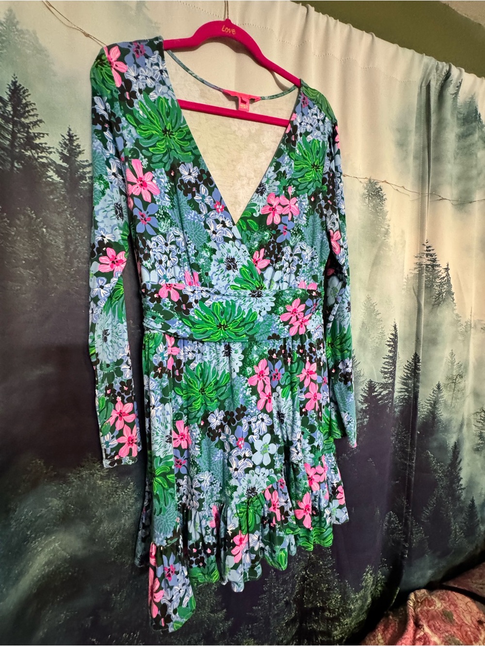 Lilly Pulitzer Blue, Green & Pink Floral V-Neck Long Sleeve Romper